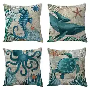 Set of 4 Sea Creature Throw Pillowcases Seahorse Whale Octopus Sea Turtle 18x18" - Picture 1 of 8