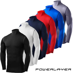 Compression Base Layer Long Sleeve PowerLayer Mens Boys Mock Neck Gym Shirt - Picture 1 of 18