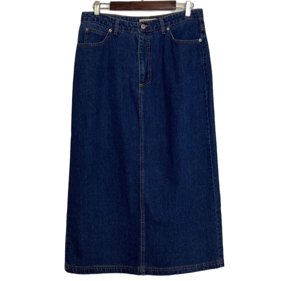 Vintage Jean Skirt Womens 14 Dark Blue Denim A Line Midi Y2K 90s Back Slit - Image 1 of 4
