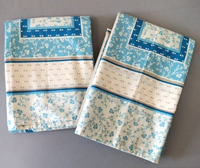 NOS Pillowcases KING Blue Beige Floral Cottage Set of 2 Cotton Prairie Boho VTG - Image 1 of 4