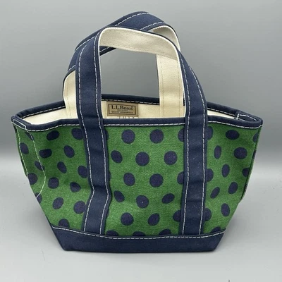 L.L. Bean Mini Boat Tote Polka Dot Canvas Bag Green Navy Small Handbag  - Image 1 of 4