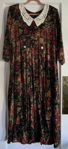 Vintage Floral Dress Sze 18 Long 80s Peasant Cottage Dreamy Dark Grunge Rayon - Picture 1 of 13