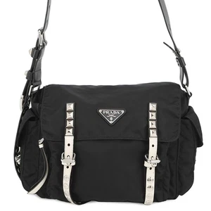 PRADA Studded Shoulder Bag Nylon/Leather Black/White 1BD118 - Picture 1 of 16
