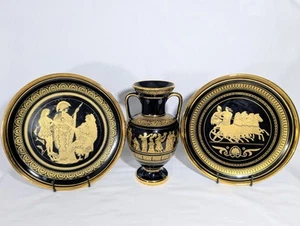 Vintage Greek Handmade Gold Collector Plate Ancient Greek Art 3pc Signed - Picture 1 of 22