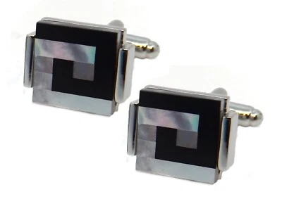 Schwarzer Onyx & Weiße Perle Quadrat Herren Geschenk Manschettenknöpfe Von - Bild 1 von 4