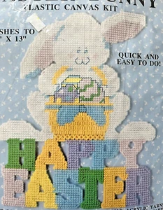 Easter Wall Hanging HAPPY EASTER Plastic Canvas Kit Bunny Eggs Basket Kitsch - Picture 1 of 5