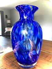 VINTAGE HAND BLOWN MURANO STYLE COBALT BLUE SWIRL SPLATTER ART GLASS VASE 10" H