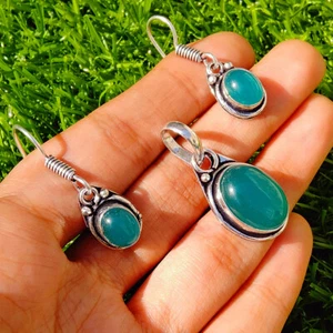 Green Onyx Gemstone 925 Sterling Silver Plated Lot Pendant With Earrings Set - Picture 1 of 3