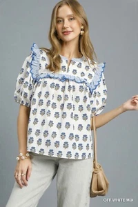 Umgee Mixed Floral Striped Print Ruffle Trim Short Sleeve Top - Picture 1 of 5