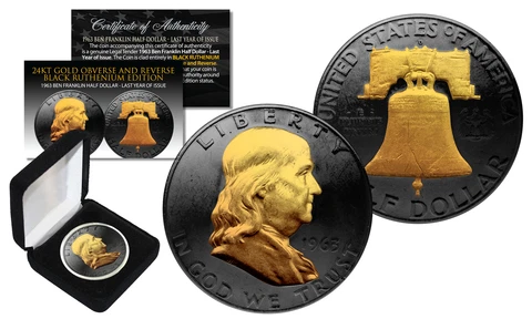 1963 BLACK RUTHENIUM Ben Franklin Half Dollar Coin w/ 24K GOLD features 2-Sided Cover