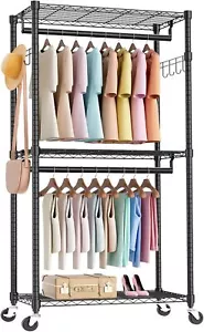 Portable Rolling Clothes Rack Heavy Duty 3-Tier Wardrobe with Wheels & Hooks - Picture 1 of 4