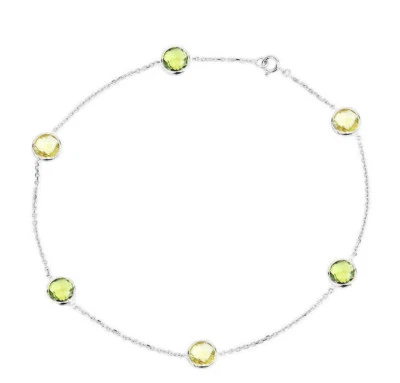 14K White Gold Anklet With Peridot And Lemon Quartz Gemstones 9.5 Inches - Image 1 of 2