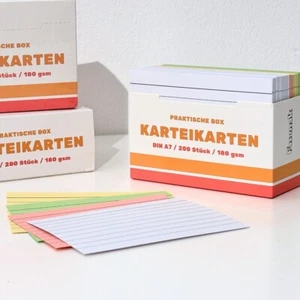 Lernkarten A7 liniert – 200 Karteikarten mit Box 7,4 × 5,2 cm, 180 gm², 4 Farben - Bild 1 von 5