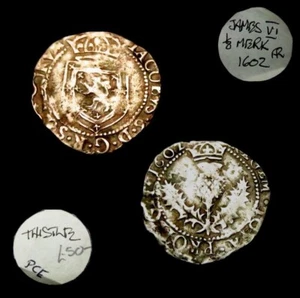 W970: 1602 James VI Scottish Hammered Silver 1/8 Thistle Merk.  Spink 5500 - Picture 1 of 1