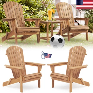 Set of 2 Outdoor Wooden Adirondack Chair Patio Lounge Chair w/ Armrest Natural - Picture 1 of 11