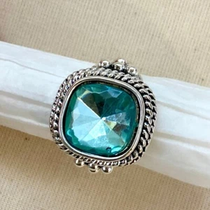 Silver Plated Simulated Aquamarine Blue Cubic Zirconia Cocktail Ring Womens 6 - Picture 1 of 11