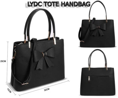 Ladies Black Faux Leather Tote Tie Handbag Women Casual Work Shoulder Bag - Image 1 of 4