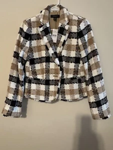 NWT Ann Taylor Black/Beige Plaid Blazer Jacket Women’s Size 0 Cotton Blend - Picture 1 of 3