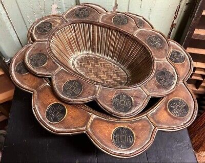 Set 2 Antique Feng Shui Handmade Chines Staved Basket Excellent Condition 1900s • 419.43$
