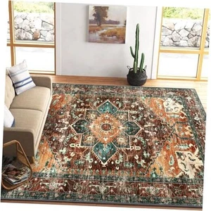 Area Rug 8x10 Large Rug, Non-Slip Washable Boho 8' x 10' Rust/Dull Teal - Picture 1 of 7
