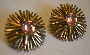 Crown Trifari Alfred Phillipe Pink Rhinestone Atomic Starburst Clip-on Earrings - Picture 1 of 5