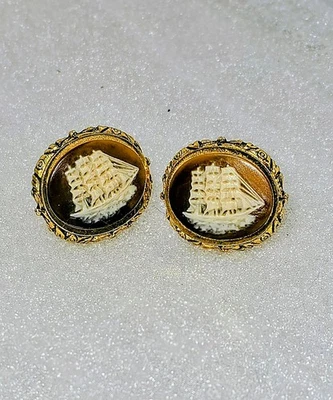 Винтажная пара запонок Dante Masterpiece Incolay машинка для стрижки корабль камея - Изображение 1 из 4