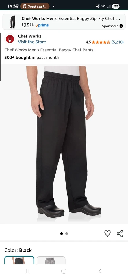 Chef Works Unisex Black Elastic Waste Drawstring Essential Baggy Pants - Image 1 of 1