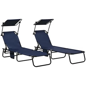 Dark Blue Steel Outdoor Chaise Lounge with Canopy, Reclining Pool Chairs (Set - Picture 1 of 9