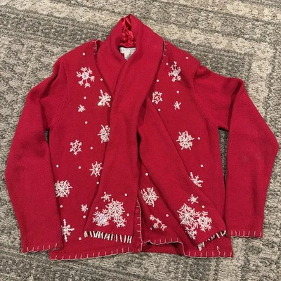 Cárdigan Ciervo Blanco Rojo Con Cuentas Copos de Nieve Navidad Talla L (12/14) Foto 1 de 4