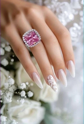 Anillo de boda retro retro de plata esterlina con circonita cúbica de cristal rosa talla 8 de colección Foto 1 de 4