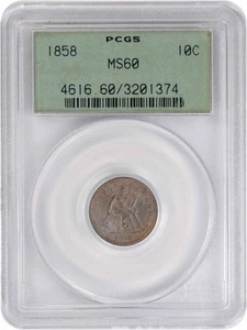 1858 Liberty Seated Silver Dime MS60 PCGS - Picture 1 of 2