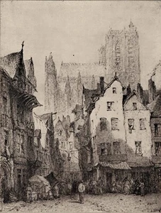 Stampa antica in legno Lewis John "Abbeville, Francia paesaggio urbano" incorniciata firmata COA - Foto 1 di 2