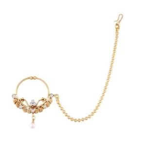Traditional Gold Plated Bridal Nose Ring With Faux Stones Chain - Picture 1 of 6
