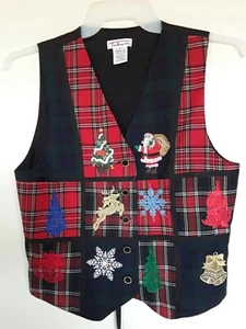 Talbots Christmas Sweater Vest Small Decorations Plaid Santa Prints - Picture 1 of 3