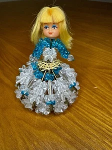 Vintage Safety Pin Doll Beaded Clear and Light Blue - Blonde Hair - Picture 1 of 8