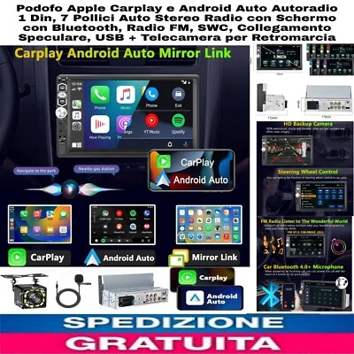 Autoradio 1 Din 7" Mirrorlink, Apple Carplay e Android + retrocamera Bluetooth  - Immagine 1 di 4