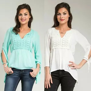 G2U GREEN WHITE CASUAL POLYESTER LACE ASYMMETRICAL HEM 3/4 SLEEVE BLOUSE M NEW - Picture 1 of 9
