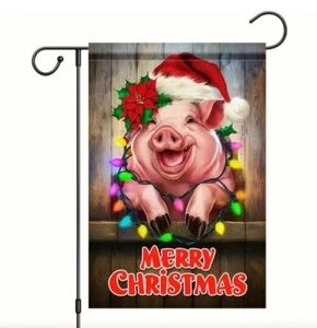 Merry Christmas Pig Santa Hat Winter Garden Flag Double Sided Cute Farmhouse - Picture 1 of 5