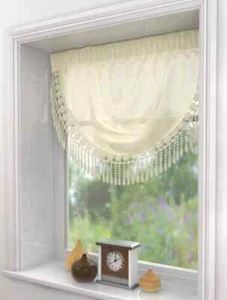 Luxury Macrame Lace Trimmed Ivory Cream Soft  Voile Window Curtain Swags Pelmet - Picture 1 of 3