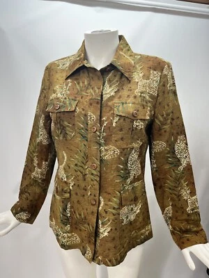 Silkland 女式小号 100% 真丝豹猫野生动物园衬衫夹克口袋 — 第 1/4 张图片