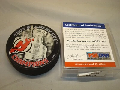 Martin Brodeur Signed Devils 2003 Stanley Cup Champs Hockey Puck PSA/DNA COA 1B  - Image 1 of 4