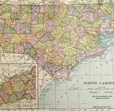 North Carolina Map Lithograph 1909 Hammond Art Print United States LGADMap - Image 1 of 2