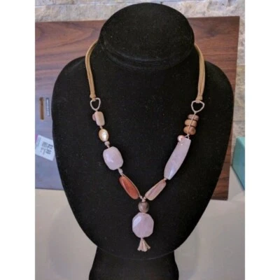 COLLAR SILPADA PLATA ESTERLINA, CUARZO ROSA, PERLA, CUENTAS DE MADERA CUERO N1424 Foto 1 de 2