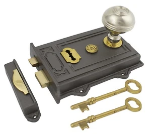 CAST IRON DAVENPORT RIM LOCK + RIM DOOR KNOB SET HANDLES OLD VINTAGE VICTORIAN - Picture 1 of 48