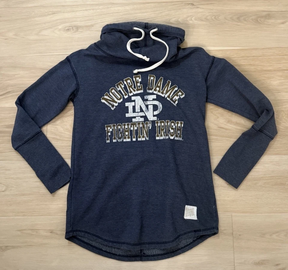 Notre Dame Sweatshirt Retro Beans Women’s Size Medium Heather Navy Blue Hoodie - Image 1 of 4