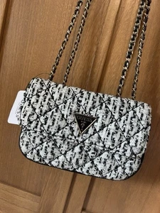 Guess CESSILY Black and White Knitted Chain Strap Mini Handbag / Bag - Picture 1 of 11