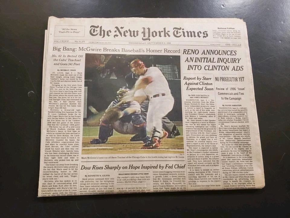 Mark McGwire # 62 Home Run Record 1998 New York Times Newspaper - MLB - Image 1 of 1