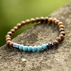 6mm Natural Turquoise Wood Beads Hematite Charm Elastic Strand Unisex Bracelets - Picture 1 of 11