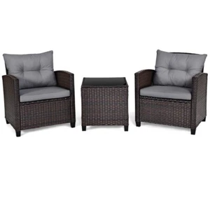 3PCS Patio Outdoor Furniture Rattan Sofa Set & Coffee Table w/Washable Cushion - Picture 1 of 10