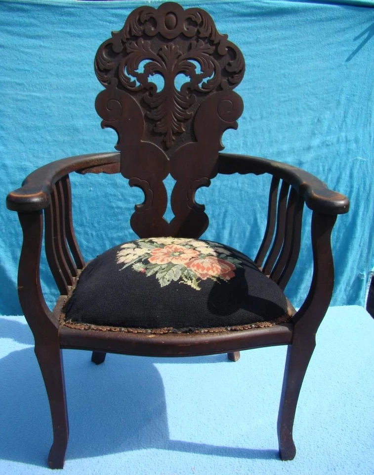 Antique Hand Carved Mahogany Chair 1865-1870 Needle Point Seat  - Image 1 of 4